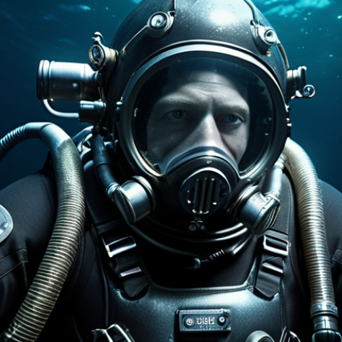 Home 4 **Prompt:** A high-tech, pressure-resistant diving suit in a dark, deep-sea environment. The suit is made of advanced materials like titanium and fiberglass, featuring integrated life support systems. Focus on the intricate design and the diver's face visible through a clear helmet. Emphasize the contrast between the suit's technological sophistication and the overwhelming darkness of the ocean depths. Cinematic lighting, photorealistic detail.