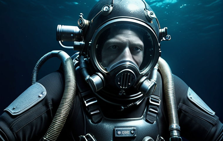 **Prompt:** A high-tech, pressure-resistant diving suit in a dark, deep-sea environment. The suit is made of advanced materials like titanium and fiberglass, featuring integrated life support systems. Focus on the intricate design and the diver's face visible through a clear helmet. Emphasize the contrast between the suit's technological sophistication and the overwhelming darkness of the ocean depths. Cinematic lighting, photorealistic detail.